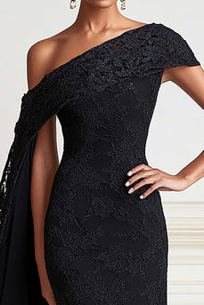 Schwarz Spitze Ballkleid mit Seitlichem Cape
