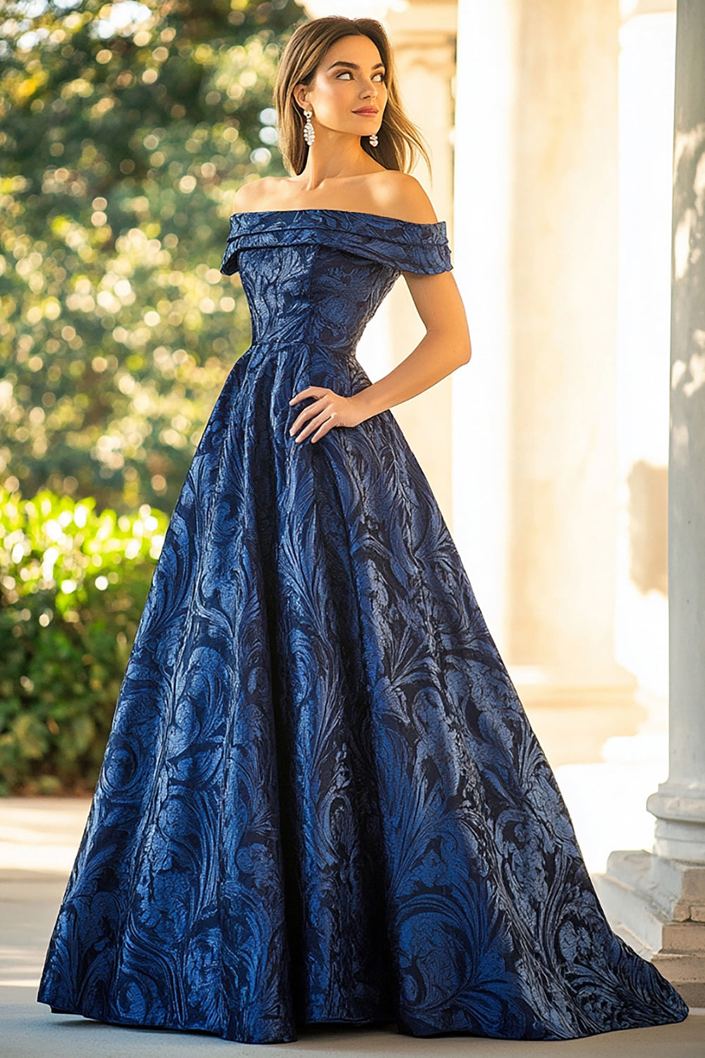 Marineblau Schulterfreie Jacquard A Linie Ballkleid