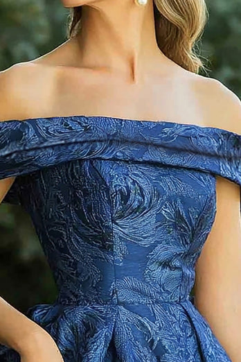 Marineblau Schulterfreie Jacquard A Linie Ballkleid