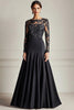 Laden Sie das Bild in den Galerie-Viewer, Schwarz A Linie Satin Spitze Abendkleid mit Lange Ärmel
