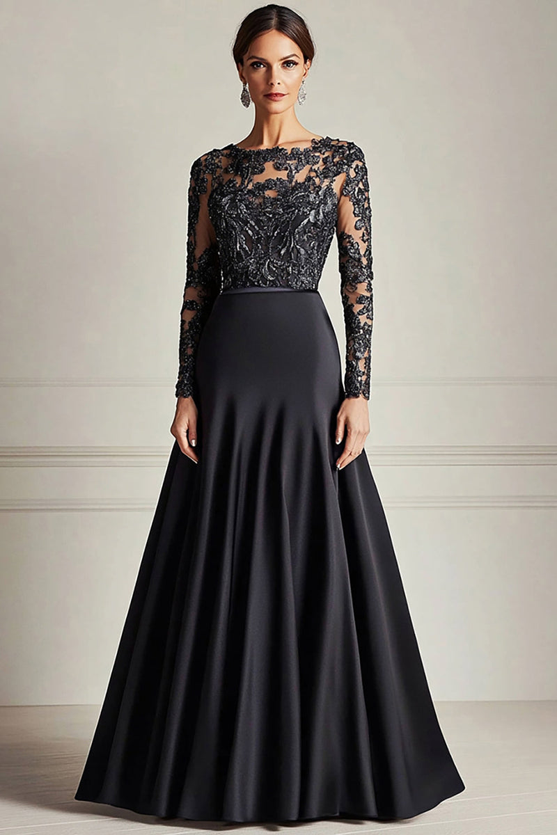 Laden Sie das Bild in den Galerie-Viewer, Schwarz A Linie Satin Spitze Abendkleid mit Lange Ärmel