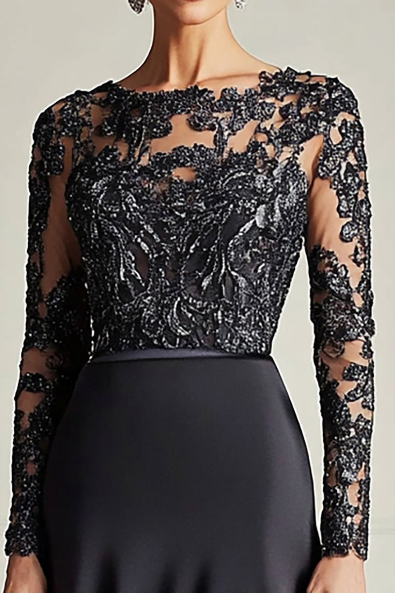 Laden Sie das Bild in den Galerie-Viewer, Schwarz A Linie Satin Spitze Abendkleid mit Lange Ärmel