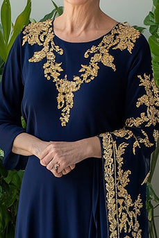 Marineblau Chiffon Spitze Formelle mit Cape
