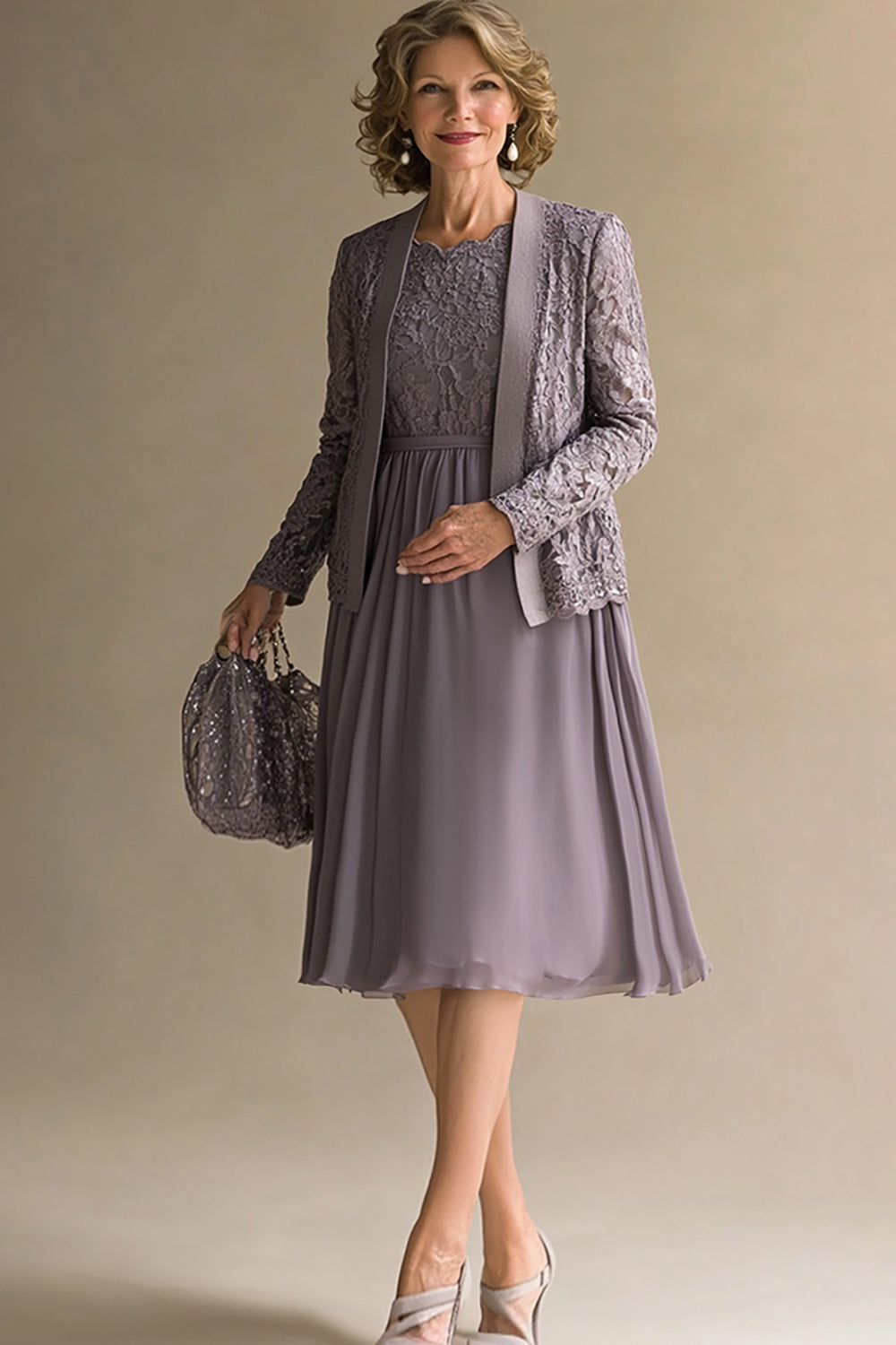 Vintage Mauve Chiffon Spitze Midi Formelle Kleid mit Jacke