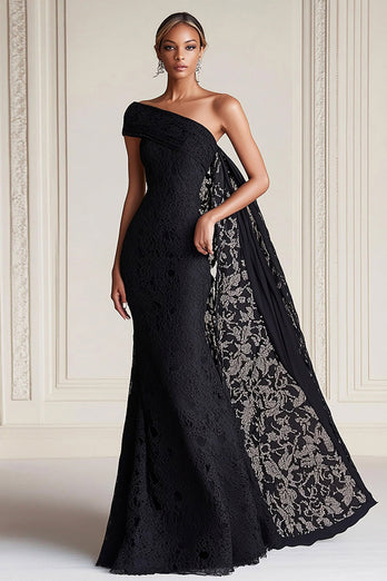 Schwarz Eine Schulter Etui Ballkleid mit Spitze Cape