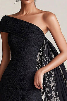 Schwarz Eine Schulter Etui Ballkleid mit Spitze Cape