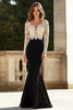 Laden Sie das Bild in den Galerie-Viewer, Black and White Long Sleeves Mother of the Bride Dress with Lace Satin Mermaid V-Neck Maxi Formal Dress