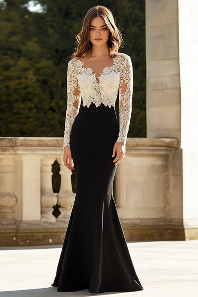 Black and White Long Sleeves Mother of the Bride Dress with Lace Satin Mermaid V-Neck Maxi Formal Dress