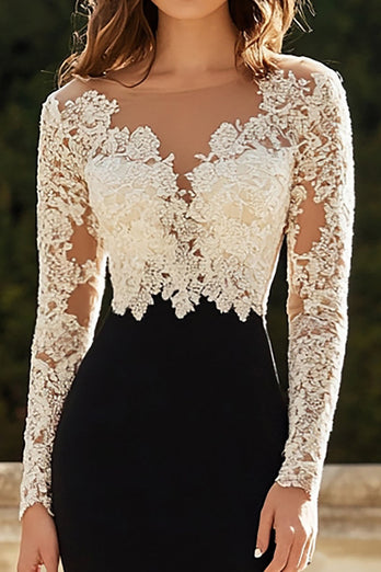 Schwarz und Weiß V Ausschnitt Lange Ärmel Ballkleid mit Spitze