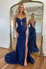Laden Sie das Bild in den Galerie-Viewer, Glitzer Marineblau Spaghettiträgern Korsett Abendkleid mit Schlitz