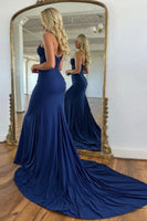 Laden Sie das Bild in den Galerie-Viewer, Glitzer Marineblau Spaghettiträgern Korsett Abendkleid mit Schlitz