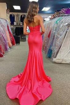 Fuchsia Gerüschtes Trägerloses Langes Ballkleid mit Schlitz