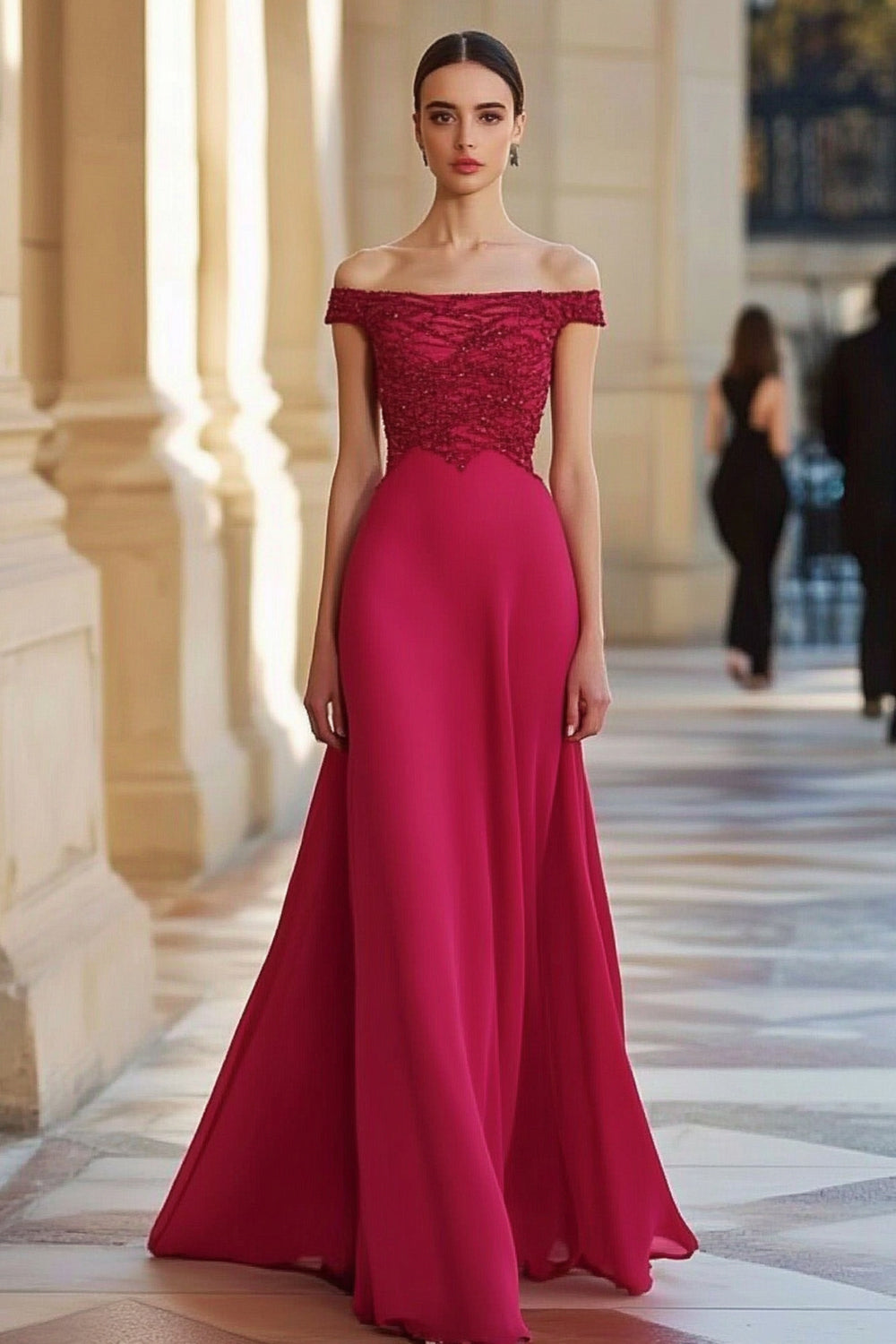 Glitzer Schulterfreies Rote Chiffon Formelles Kleid