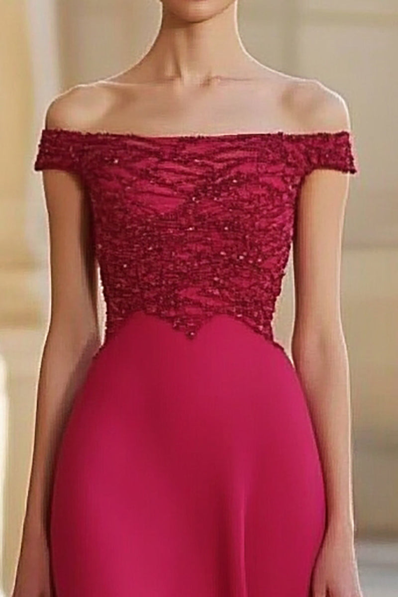 Laden Sie das Bild in den Galerie-Viewer, Glitzer Schulterfreies Rote Chiffon Formelles Kleid