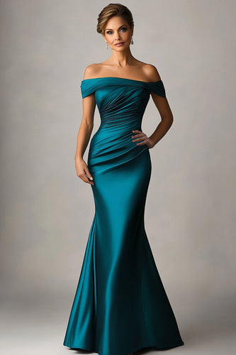 Elegantes Pfauenblau Satin Schulterfreies Langes Formelles Kleid