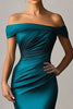 Laden Sie das Bild in den Galerie-Viewer, Elegantes Pfauenblau Satin Schulterfreies Langes Formelles Kleid
