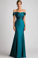 Laden Sie das Bild in den Galerie-Viewer, Pfauenblau Schulterfreies Satin Formelles Kleidmit Rüschen