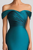 Laden Sie das Bild in den Galerie-Viewer, Pfauenblau Schulterfreies Satin Formelles Kleidmit Rüschen