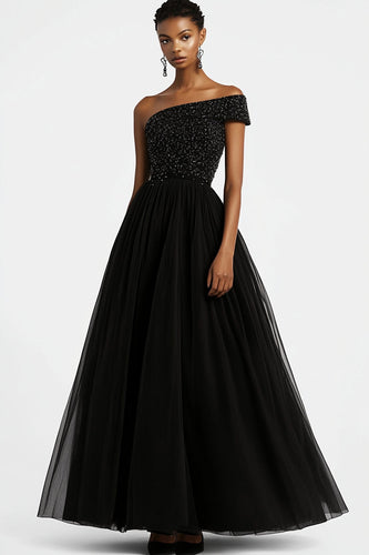Glitzernd Schwarze A-Linie Einschultriges Langes Formelles Kleid