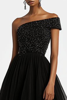 Glitzernd Schwarze A-Linie Einschultriges Langes Formelles Kleid