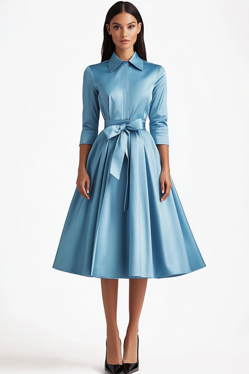 Laden Sie das Bild in den Galerie-Viewer, Blau Satin Teelänge Kragen Formelles Kleid mit Schleife