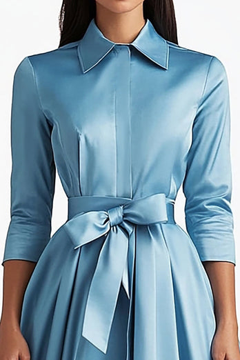 Blau Satin Teelänge Kragen Formelles Kleid mit Schleife