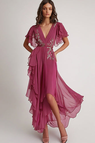 Geblümtes Dunkelrosa Chiffon V-Ausschnitt Asymmetrisches Langes Formelles Kleid