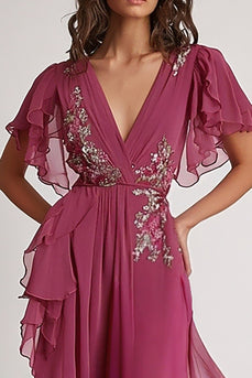 Geblümtes Dunkelrosa Chiffon V-Ausschnitt Asymmetrisches Langes Formelles Kleid