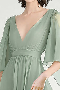Staubiger Salbei Chiffon V-Ausschnitt A Linie Langes Abendkleid