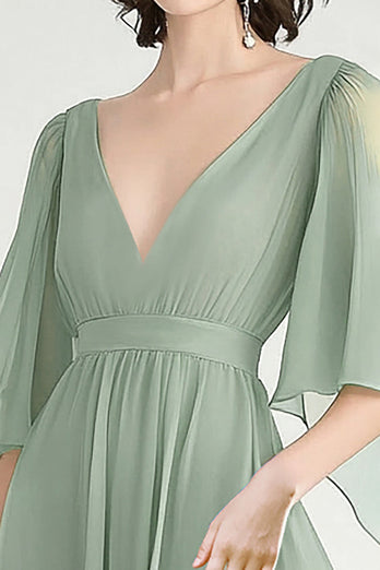 Staubiger Salbei Chiffon V-Ausschnitt A Linie Langes Abendkleid