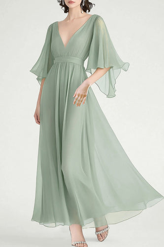 Staubiger Salbei Chiffon V-Ausschnitt A Linie Langes Abendkleid