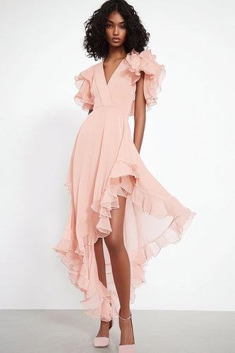 Rosa Chiffon Rüschen V-Ausschnitt Langes Formelles Kleid