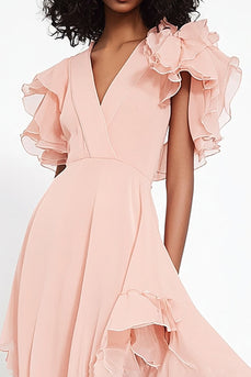 Rosa Chiffon Rüschen V-Ausschnitt Langes Formelles Kleid