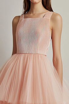 Rosa Knielanges Gestuftes Formelles Kleid mit Quadratischem Ausschnitt