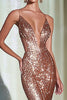 Laden Sie das Bild in den Galerie-Viewer, Glitzer Roségolden Meerjungfrau V-Ausschnitt Formelles Kleid mit Schlitz