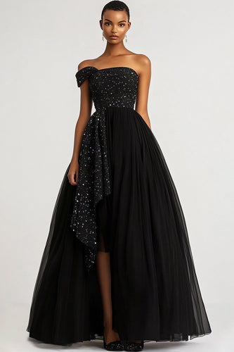 Schwarz Glitzerndes Eine Schulter Formelles Kleid mit Schlitz