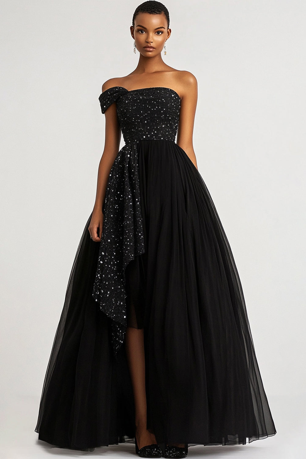 Schwarz Glitzerndes Eine Schulter Formelles Kleid mit Schlitz