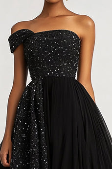 Schwarz Glitzerndes Eine Schulter Formelles Kleid mit Schlitz
