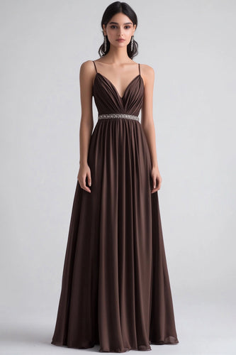 Kaffee A Linie Plissiertem Chiffon Langes Abendkleid