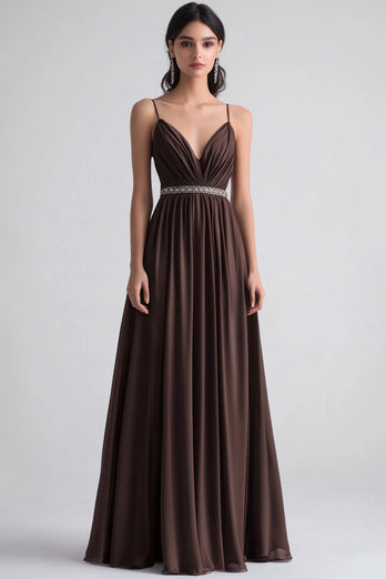 Kaffee A Linie Plissiertem Chiffon Langes Abendkleid