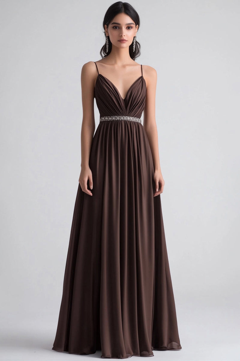 Laden Sie das Bild in den Galerie-Viewer, Kaffee A Linie Plissiertem Chiffon Langes Abendkleid