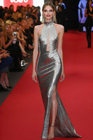 Laden Sie das Bild in den Galerie-Viewer, Glitzer Graue Silbern Meerjungfrau Neckholder Langes Formelles Kleid mit Schlitz