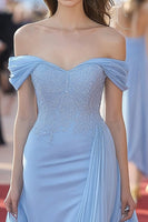 Laden Sie das Bild in den Galerie-Viewer, Glitzer Himmelblaues Schulterfreies Chiffon Formelles Kleid mit Spitze