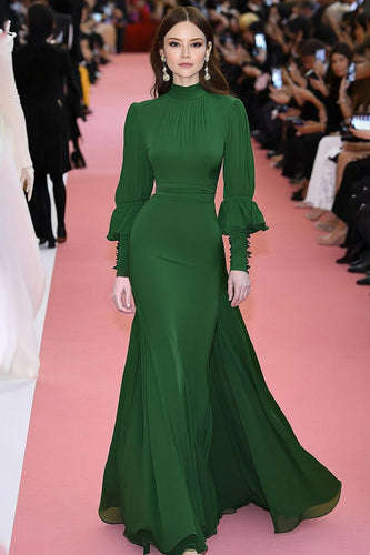 Grün Herzhals Chiffon Lange Abendkleid mit Rüschenärmeln