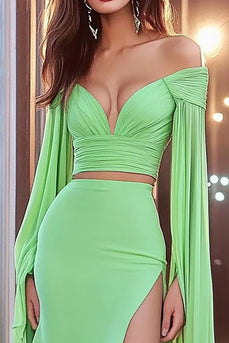 Hellgrün Schulterfreies Formelles Kleid mit Lange Ärmeln