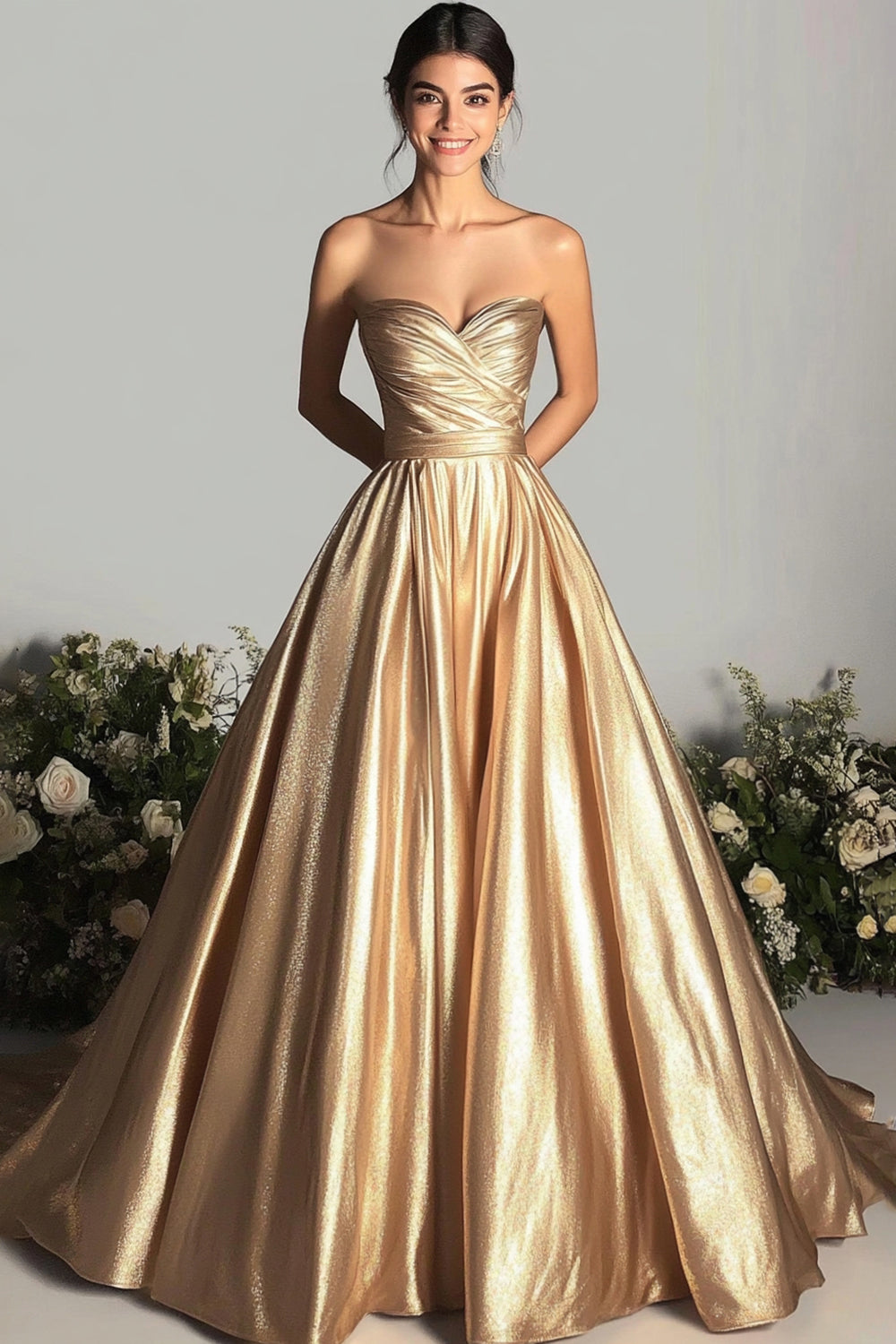 Glitzer Golden Herzhals Langes Formelles Kleid