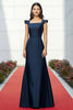 Laden Sie das Bild in den Galerie-Viewer, Marineblau Satin Bodenlanges A Linie Formelles Kleid mit Quadratischem Ausschnitt