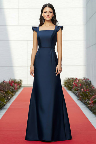 Marineblau Satin Bodenlanges A Linie Formelles Kleid mit Quadratischem Ausschnitt