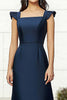 Laden Sie das Bild in den Galerie-Viewer, Marineblau Satin Bodenlanges A Linie Formelles Kleid mit Quadratischem Ausschnitt