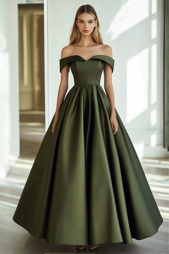 Olivgrünes Schulterfreies Satin Langes Formelles Kleid